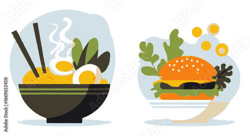Colorful Flat Cartoon Illustrations of Noodles and Burger Dishes