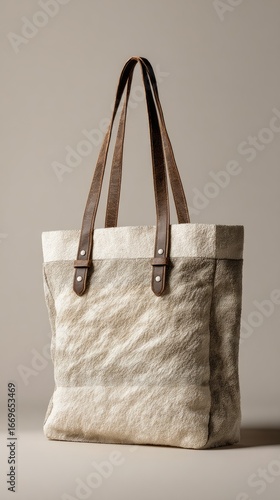 Cream-colored tote bag with tan leather handles