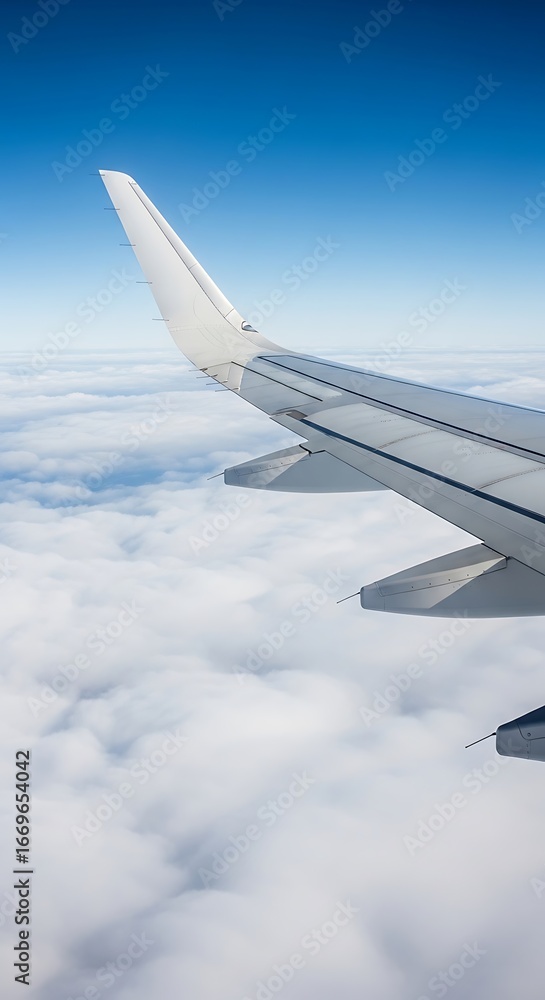 Fototapeta premium Airplane wing over a vast expanse of clouds.