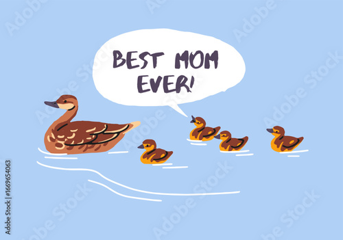 Design of greeting card for Mother's Day with duck and cute ducklings. Postcard with swimming birds: mom and funny babies. Animals on festive template with congratulations. Flat vector illustration