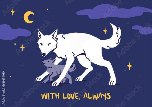 Mother's Day postcard design with mom wolf and baby. Greeting card with cute family of wild animals. Mum and funny cub on Festive template with congratulations for mama. Flat vector illustration