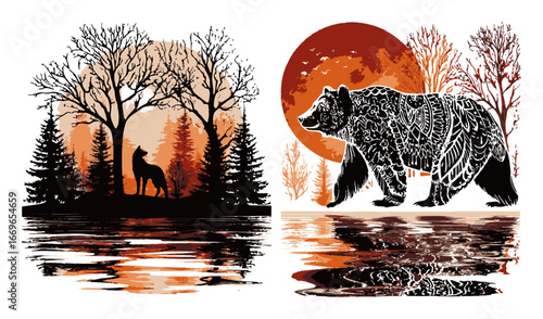 Detailed Abstract Illustration of a Wolf and Bear in Nature Setting