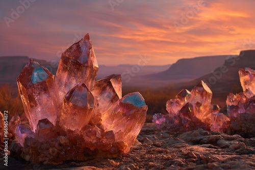 Cluster of crystals at sunrise in a desert landscape