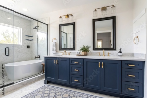 Luxurious modern bathroom with a freestanding bathtub and a double vanity with navy blue cabinets