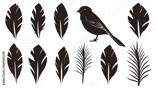Stylized bird silhouette perched among a collection of abstract feather and leaf shapes in black and white