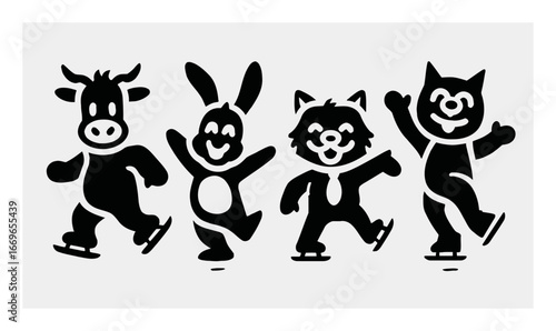 Playful Animal Characters Ice Skating on Ice in Black Silhouette Design