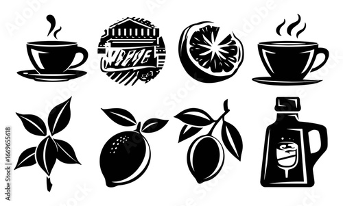 Black and White Illustrations of Tea, Citrus Fruits, and Leaves