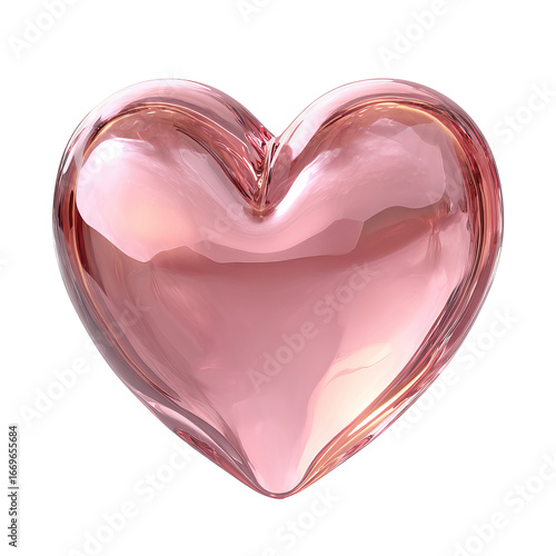 Glossy pink heart PNG cutout — high-resolution glass-jelly style 3d icon, shiny reflective valentine symbol isolated on transparent background for stickers, greeting cards, romantic branding