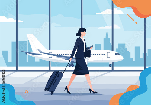 Businesswoman with luggage walking in airport terminal near airplane with city skyline view