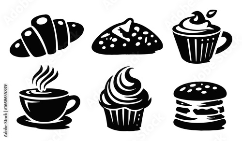 Black and White Illustrations of Baked Goods and Hot Beverages