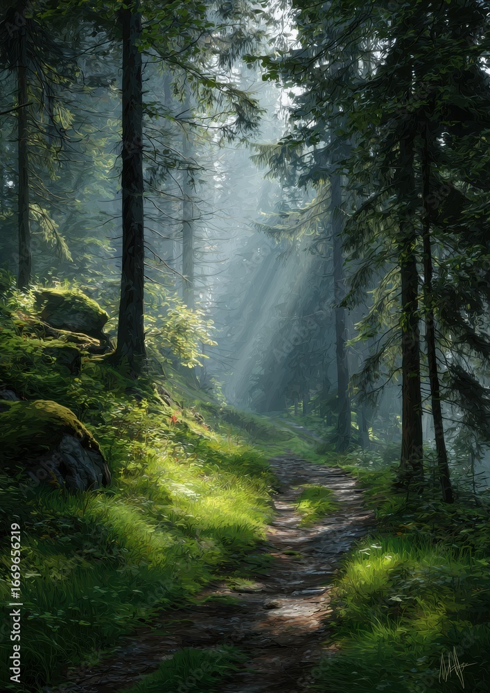 Fototapeta premium Sunlit Forest Path Misty Morning in the Woods