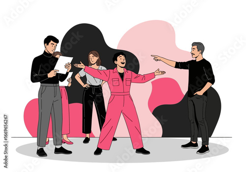 Actors rehearsing a play with director and crew, performance art.