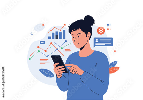Person analyzing financial data on a mobile device with growth charts and statistics