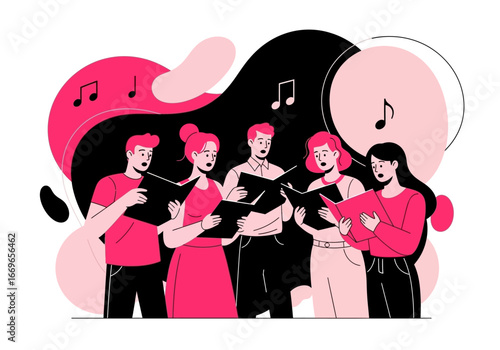 Choir group singing together from sheet music, performing music.