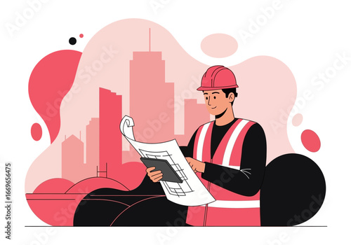 Construction worker reviewing blueprints on a city background.