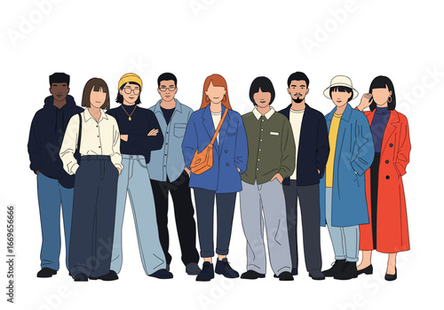 A diverse group of young people stand together showing their fashionable outfits
