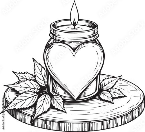 Illuminated Heart Candle: A romantic sketch of a heart-shaped candle nestled within a mason jar, casting a warm, inviting glow. Exuding tranquility, it's a symbol of love and serenity.