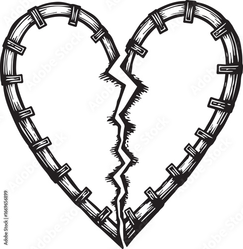 Broken Heart: A raw, ink-style illustration of a broken heart, intricately crafted with a unique design, conveying vulnerability and emotional depth.