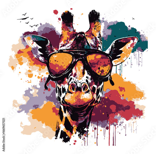 Colorful Abstract Illustration of a Giraffe Wearing Sunglasses