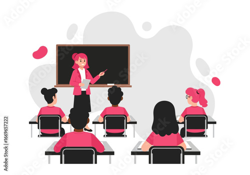 Teacher instructing students in a classroom setting.