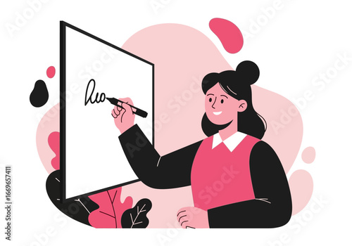 Woman signing document on digital screen with pen.