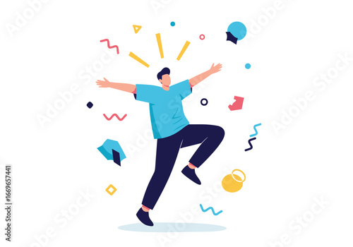 Excited man dancing joyfully amidst vibrant abstract shapes and confetti celebrations