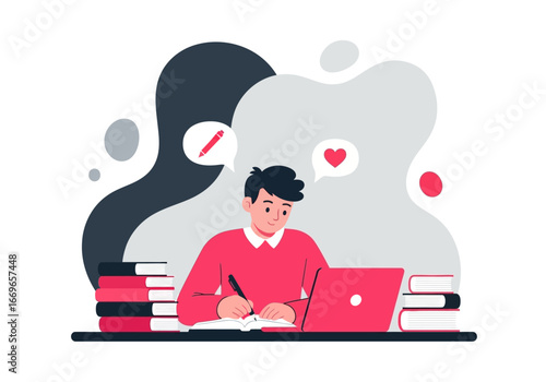 Young man studying diligently with laptop and books.