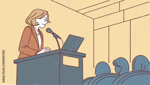 Woman Giving a Speech at a Podium with Audience.