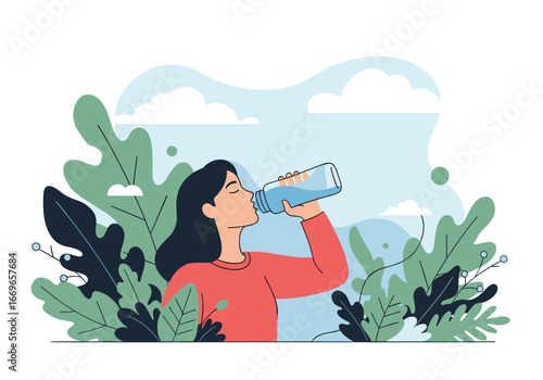 Young woman drinking water from bottle surrounded by green leaves and blue sky