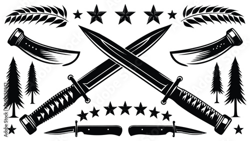 Two crossed knives with stars, sheaths, trees, and laurel branches in a black and white design