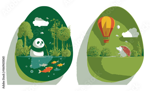 Whimsical Nature Illustration Featuring Panda and Hot Air Balloon Adventure