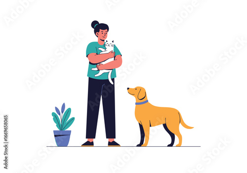 A person holding a cat next to a friendly dog and a potted plant