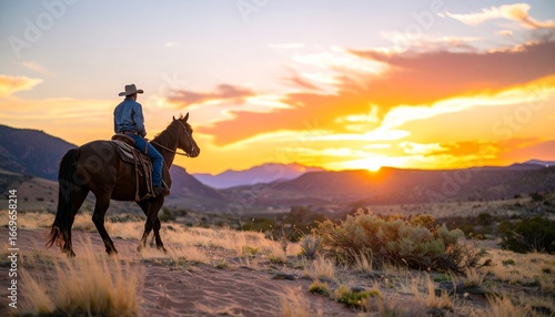 Silhouette of a horse rider Riding a Horse into the Desert Sunset, Generated with AI.