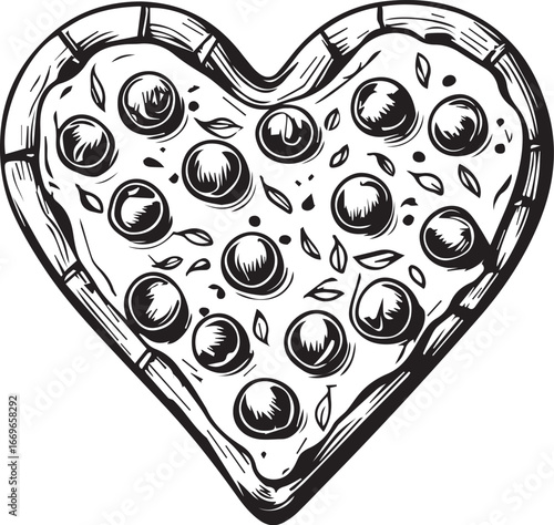Love at First Slice: A handcrafted pizza, artfully shaped like a heart, generously adorned with flavorful pepperoni. A visual feast that embodies culinary love.