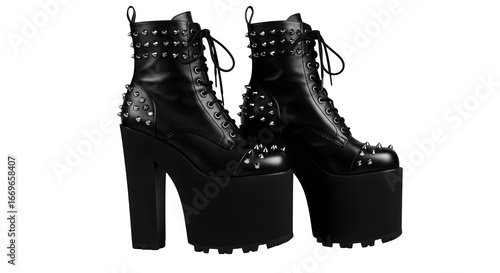 Edgy black platform boots feature spikes. Product photography for alternative fashion, shoe ads, punk style, gothy looks, and dark apparel branding.