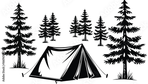 Black and white illustration of a tent surrounded by pine trees in a forest setting outdoor scene