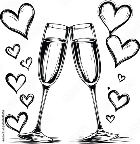 Cheers to Love: Two elegant champagne flutes clink together, surrounded by a constellation of hand-drawn hearts, creating a classic, and heartfelt design, ideal for conveying sentiments of love.