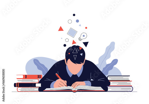 Student focused on learning and developing ideas while studying with books