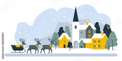 Flat Cartoon Winter Scene with Reindeer and Village Under Snow