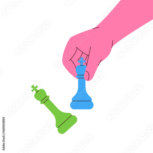 Pink hand holding a blue chess king with a fallen green opponent symbolizing defeat, strategy and victory in the match