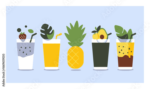 Colorful Cartoon Drinks with Fresh Fruits and Tropical Vibes