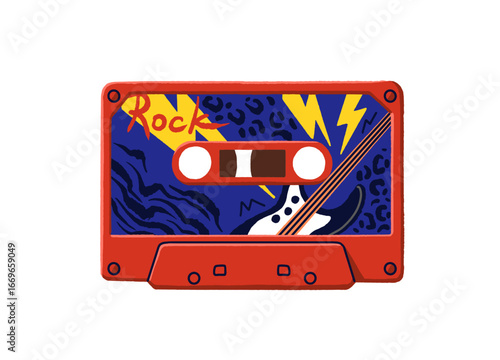 Vintage design of audio cassette. Retro tix tape with records of rock songs. Mixtape template with heavy metal music. Old audiocassette icon. Flat isolated vector illustration on white background