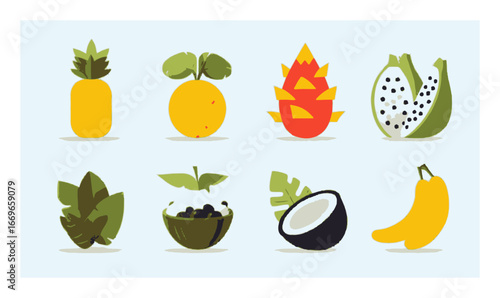 Colorful Flat Cartoon Fruits and Plants in a Creative Design Arrangement