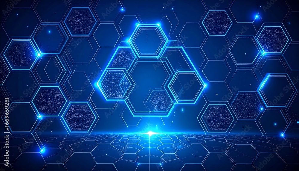 Obraz premium Abstract digital network design with glowing hexagonal grid and energy waves