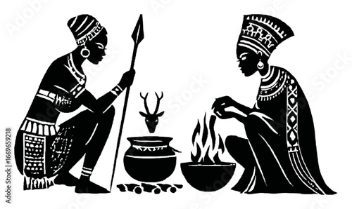 Hand-Drawn Silhouette of Two Figures Engaged in Traditional Activities