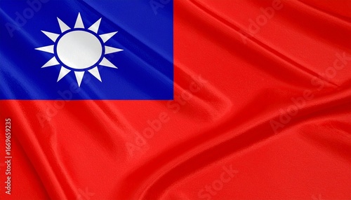 Design a bold digital illustration of the Taiwan flag with a white sun on blue and a vivid red field.