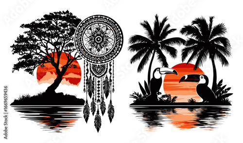 Abstract Illustration of Tropical Landscape with Dreamcatcher and Wildlife