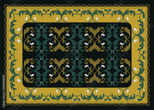 Elegant vector rug pattern featuring black and olive green tones, adorned with Victorian-inspired leaf motifs and ornamental details.