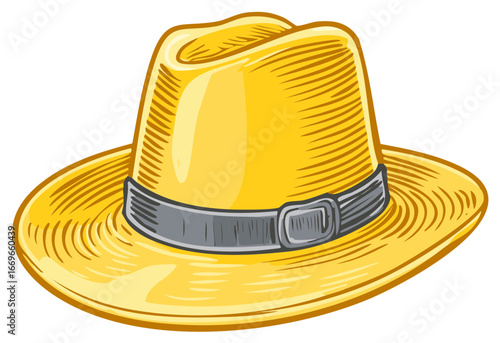 Stylish Yellow Fedora Hat with a Gray Band Cartoon Illustration