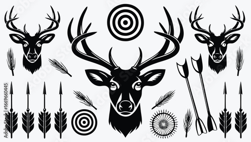 Detailed black and white illustration of deer heads, arrows and targets in a vector format